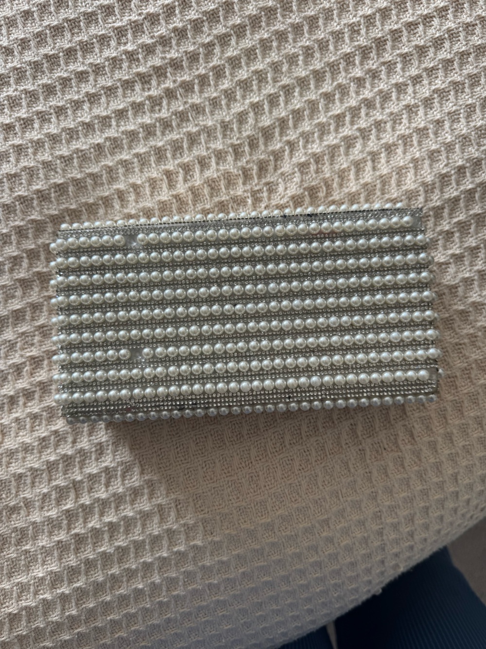 Pearl-Embellished Silver Clutch Wallet ONE PEARL PIECE IS MISSING